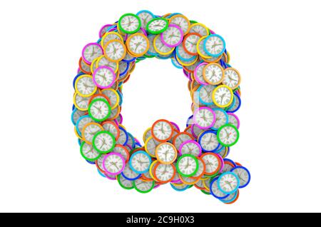 Lettera Q da orologi da parete colorati, rendering 3D isolato su sfondo bianco Foto Stock