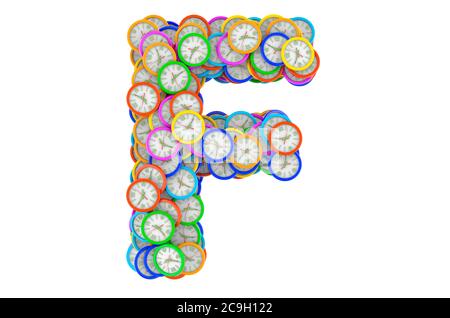 Lettera F da orologi da parete colorati, rendering 3D isolato su sfondo bianco Foto Stock