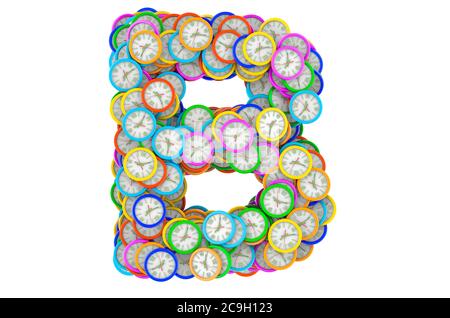 Lettera B da orologi da parete colorati, rendering 3D isolato su sfondo bianco Foto Stock