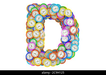 Lettera D da orologi da parete colorati, rendering 3D isolato su sfondo bianco Foto Stock