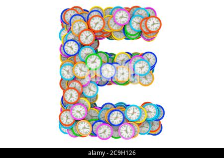 Lettera e da orologi da parete colorati, rendering 3D isolato su sfondo bianco Foto Stock