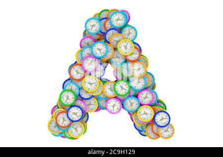 Lettera A da orologi da parete colorati, rendering 3D isolato su sfondo bianco Foto Stock