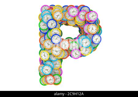Lettera P da orologi da parete colorati, rendering 3D isolato su sfondo bianco Foto Stock
