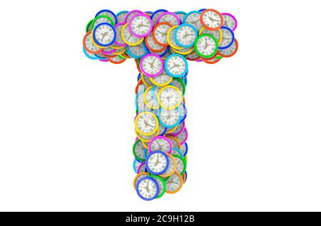 Lettera T da orologi da parete colorati, rendering 3D isolato su sfondo bianco Foto Stock