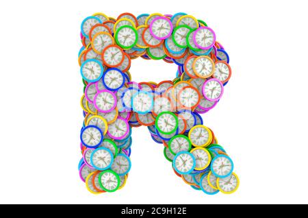 Lettera R da orologi da parete colorati, rendering 3D isolato su sfondo bianco Foto Stock