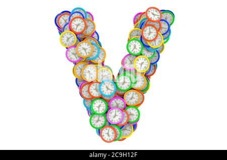 Lettera V da orologi da parete colorati, rendering 3D isolato su sfondo bianco Foto Stock
