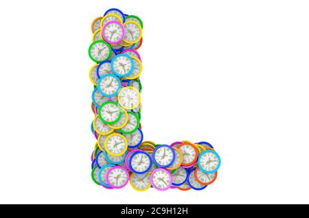 Lettera L da orologi da parete colorati, rendering 3D isolato su sfondo bianco Foto Stock