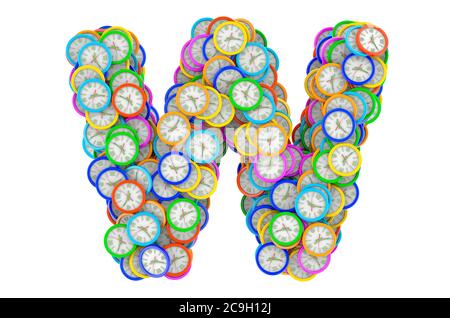 Lettera W da orologi da parete colorati, rendering 3D isolato su sfondo bianco Foto Stock