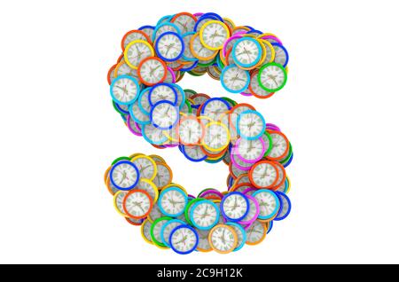Lettera S da orologi da parete colorati, rendering 3D isolato su sfondo bianco Foto Stock