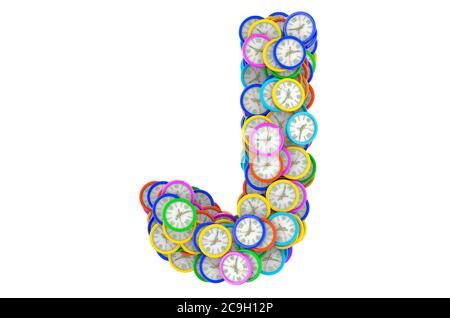 Lettera J da orologi da parete colorati, rendering 3D isolato su sfondo bianco Foto Stock