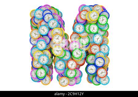Lettera M da orologi da parete colorati, rendering 3D isolato su sfondo bianco Foto Stock