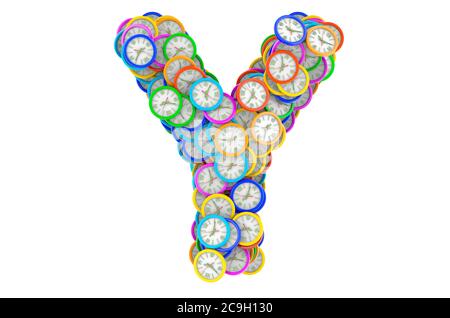 Lettera Y da orologi da parete colorati, rendering 3D isolato su sfondo bianco Foto Stock