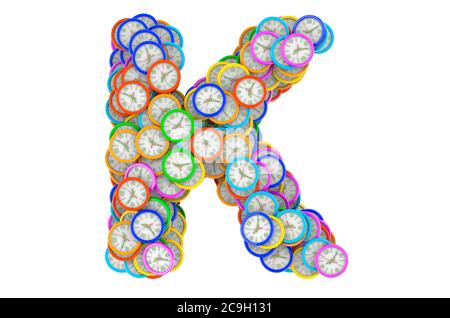Lettera K da orologi da parete colorati, rendering 3D isolato su sfondo bianco Foto Stock