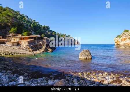 Cala Deia, vicino a Deia, Serra de Tramuntana, Maiorca, Isole Baleari, Spagna Foto Stock