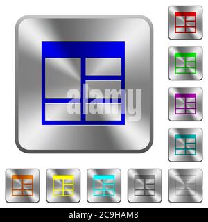 Foglio di calcolo Unione verticale celle della tabella icone incise su pulsanti quadrati arrotondati in acciaio lucido Illustrazione Vettoriale