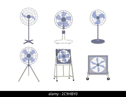 Serie di ventilatori industriali isolati su sfondo bianco. Illustrazione Vettoriale