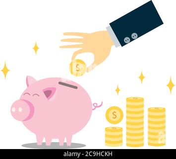 Risparmio di denaro per la sicurezza finanziaria e la vita futura. Banca di piggy e raccoglitore di soldi. Illustrazione Vettoriale