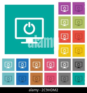 Visualizza icone piatte multicolore in modalità standby su sfondi quadrati. Incluse variazioni delle icone bianche e più scure per il passaggio del mouse o gli effetti attivi. Illustrazione Vettoriale