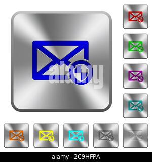 Icone incise per la protezione della posta sui pulsanti arrotondati quadrati in acciaio lucido Illustrazione Vettoriale