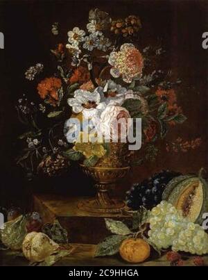 Jacob Caproens (possibilmente) - bouquet di fiori in vaso dorato con frutta. Foto Stock