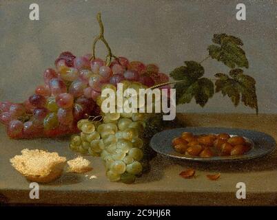 Jacob Foppens van es - Still life con uva e nocciole su un tavolo. Foto Stock