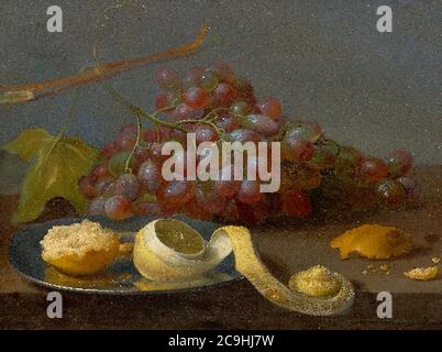 Jacob Foppens van es - Still life con uva un limone e pane su un tavolo. Foto Stock