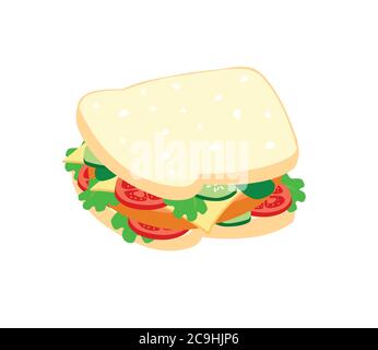 I sandwich sono ripieni di carne, pomodori, formaggio, lattuga e cetrioli sottaceto isolati su sfondo bianco. Illustrazione Vettoriale