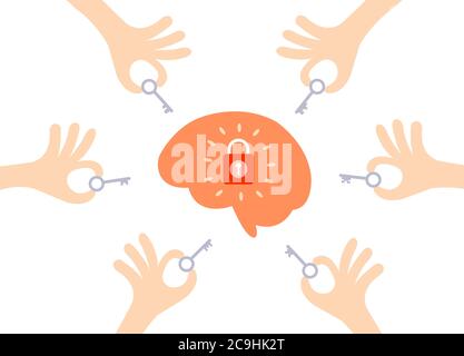 Il cervello che ha il tasto bloccato con la mano tenere i tasti intorno isolato su sfondo bianco. Illustrazione Vettoriale