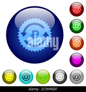 Ruble paga indietro le icone di garanzia adesivi sui bottoni tondi vetro di colore Illustrazione Vettoriale