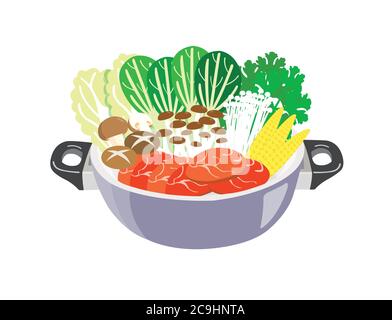 Hot pot con verdure e carne isolati su sfondo bianco. Illustrazione Vettoriale
