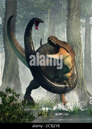 Un tirannosauro rex ha vagato in una palude e si è trovato in contrasto con il più grande serpente mai conosciuto per esistere: Titanoboa Foto Stock
