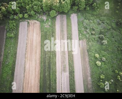 Eagle occhio vista dei campi coltivati sul bordo della foresta in paesaggio rurale vicino a Zagabria città, al lago Oresje, Croazia fotografata con drone Foto Stock