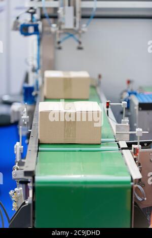 Linea di produzione. Scatole in movimento su un nastro trasportatore. Foto Stock