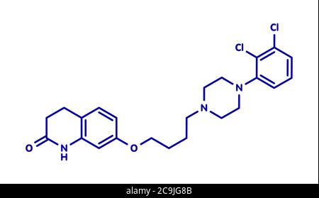 Molecola antipsicotica di aripiprazolo lauroxil (forma iniettabile a rilascio prolungato). Formula scheletrica blu su sfondo bianco. Foto Stock