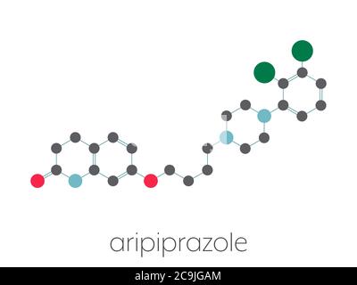 Molecola antipsicotica di aripiprazolo lauroxil (forma iniettabile a rilascio prolungato). Formula scheletrica stilizzata (struttura chimica). Gli atomi sono mostrati Foto Stock