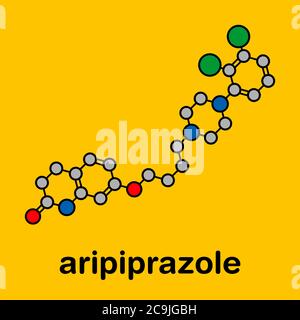 Molecola antipsicotica di aripiprazolo lauroxil (forma iniettabile a rilascio prolungato). Formula scheletrica stilizzata (struttura chimica). Gli atomi sono mostrati Foto Stock