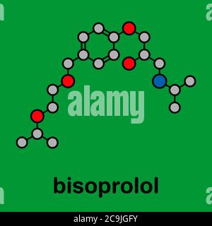 Molecola di farmaco di betabloccante bisoprololo. Usato per trattare la pressione alta (ipertensione), l'ischemia cardiaca, ecc. formula scheletrica stilizzata (st Foto Stock