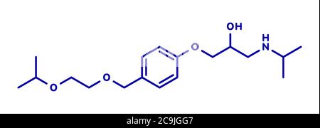 Molecola di farmaco di betabloccante bisoprololo. Usato per trattare la pressione alta (ipertensione), l'ischemia cardiaca, ecc. formula scheletrica blu su backgro bianco Foto Stock