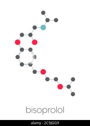 Molecola di farmaco di betabloccante bisoprololo. Usato per trattare la pressione alta (ipertensione), l'ischemia cardiaca, ecc. formula scheletrica stilizzata (st Foto Stock