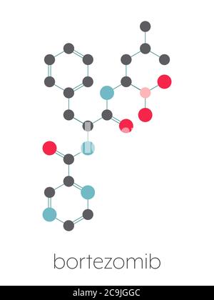 Molecola di bortezomib (inibitore del proteasoma). Formula scheletrica stilizzata (struttura chimica). Gli atomi vengono visualizzati come cerchi codificati a colori Foto Stock