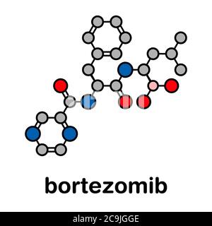 Molecola di bortezomib (inibitore del proteasoma). Formula scheletrica stilizzata (struttura chimica). Gli atomi sono mostrati come cerchi codificati a colori con Th Foto Stock