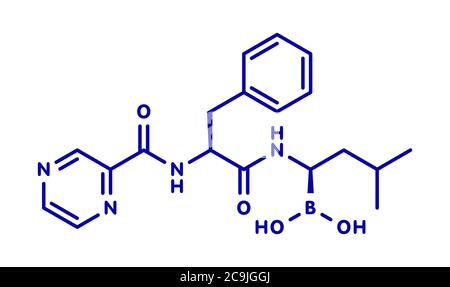 Molecola di bortezomib (inibitore del proteasoma). Formula scheletrica blu su sfondo bianco. Foto Stock