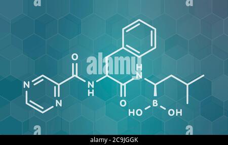 Molecola di bortezomib (inibitore del proteasoma). Formula scheletrica bianca su sfondo scuro del gradiente teale con pattern esagonale. Foto Stock