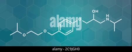 Molecola di farmaco di betabloccante bisoprololo. Usato per trattare la pressione alta (ipertensione), l'ischemia cardiaca, ecc. formula scheletrica bianca su tè scuro gr Foto Stock