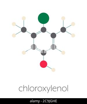 Molecola antisettica di cloroxilenolo. Disinfettante utilizzato contro batteri, alghe, funghi e virus. Formula scheletrica stilizzata (struttura chimica). Atomi Foto Stock