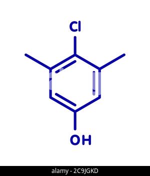 Molecola antisettica di cloroxilenolo. Disinfettante utilizzato contro batteri, alghe, funghi e virus. Formula scheletrica blu su sfondo bianco. Foto Stock