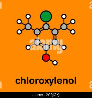 Molecola antisettica di cloroxilenolo. Disinfettante utilizzato contro batteri, alghe, funghi e virus. Formula scheletrica stilizzata (struttura chimica). Atomi Foto Stock