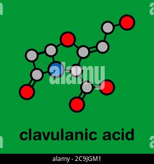 Molecola di farmaco bloccante della beta-lattamasi dell'acido clavulanico. Spesso combinato con antibiotici di classe beta-lattame. Formula scheletrica stilizzata (struttura chimica Foto Stock