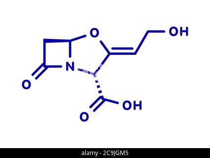 Molecola di farmaco bloccante della beta-lattamasi dell'acido clavulanico. Spesso combinato con antibiotici di classe beta-lattame. Formula scheletrica blu su sfondo bianco. Foto Stock