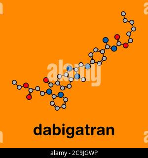 Dabigatran farmaco anticoagulante (inibitore diretto della trombina) molecola. Formula scheletrica stilizzata (struttura chimica). Gli atomi sono mostrati come cir con codice colore Foto Stock